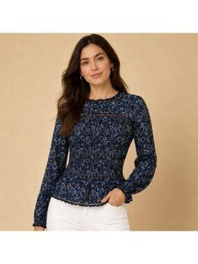 Loft Floral Smocked Peplum Top S Navy Blue Long Sleeve Cottagecore Lace Trim